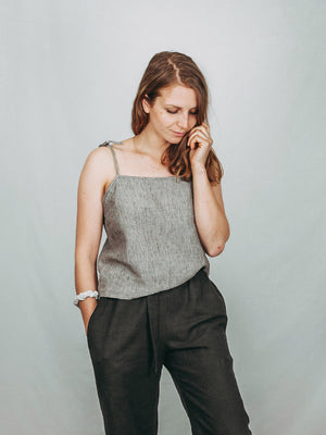 Cami style top with tie up spaghetti straps. 100% linen.