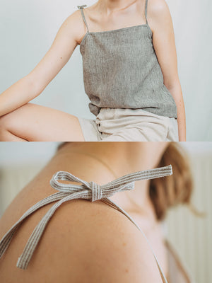 Cami style top with tie up spaghetti straps. 100% linen.